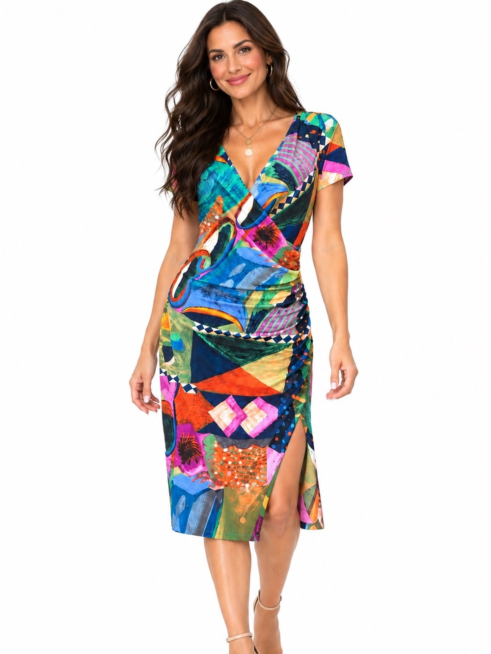 Vintage Y2K Joseph Ribkoff Colorful Abstract Print Surplice Midi Dress